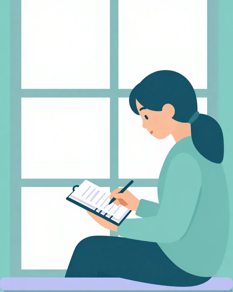 Soft flat vector illustration of an adult sitting by a window wit