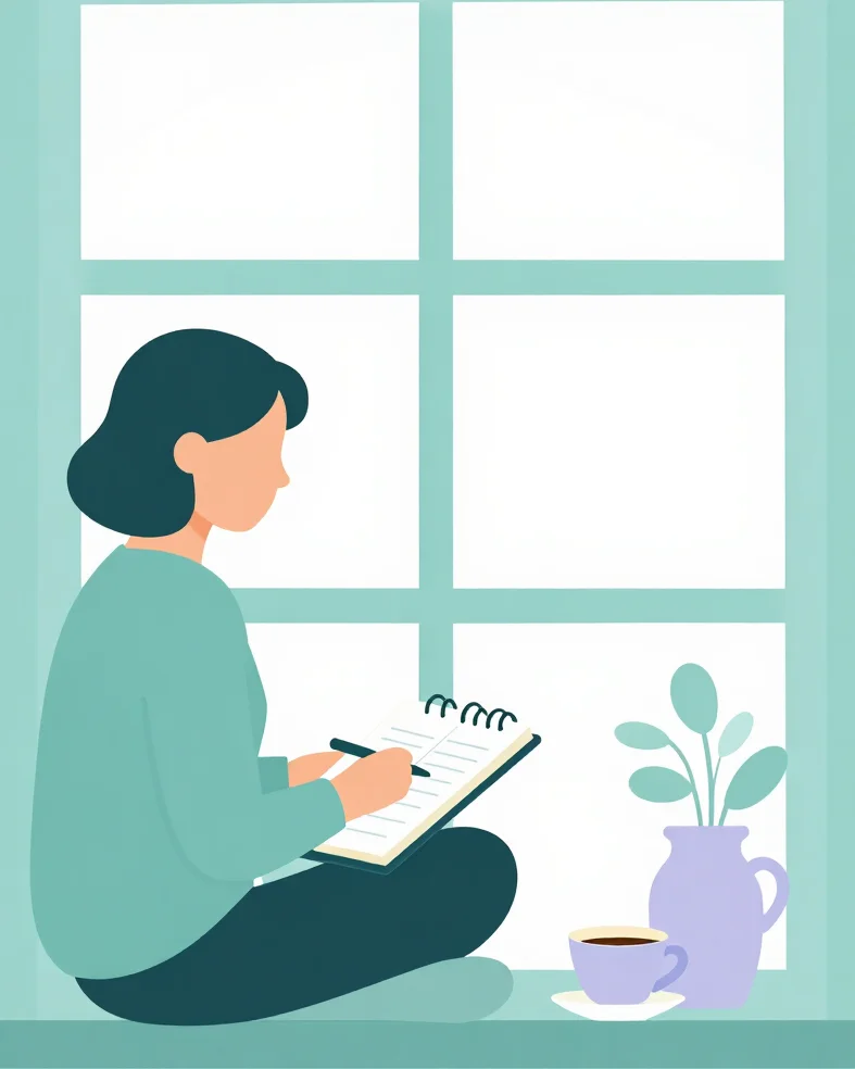 Flat vector illustration of an adult sitting by a sunlit window w