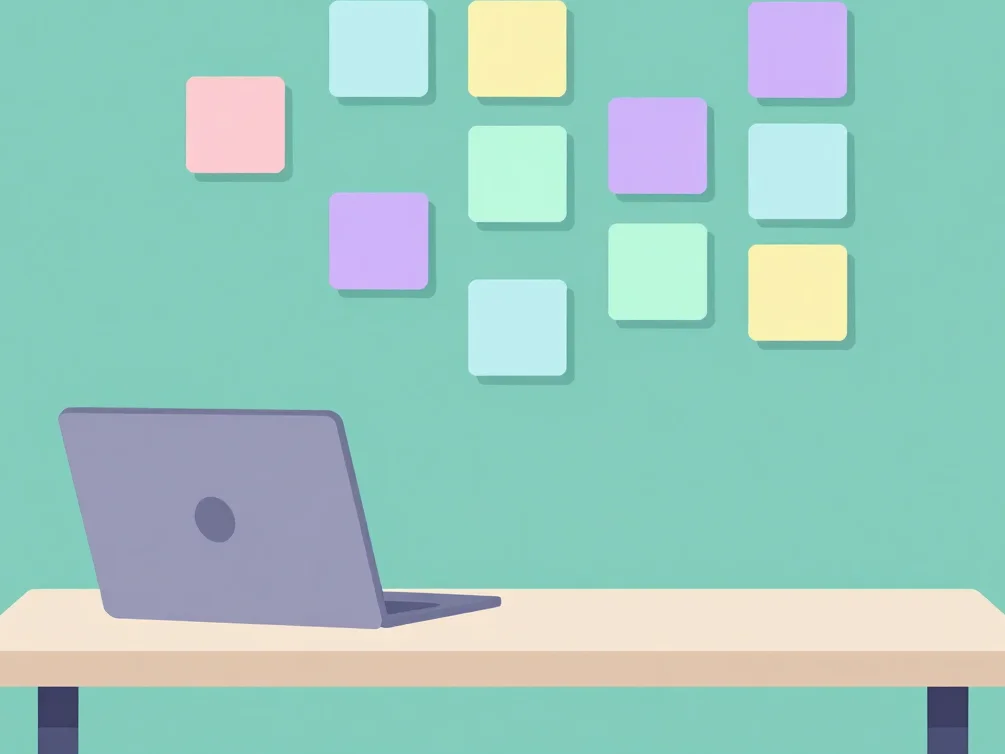 Flat vector illustration of a person at a simple desk with a lapt