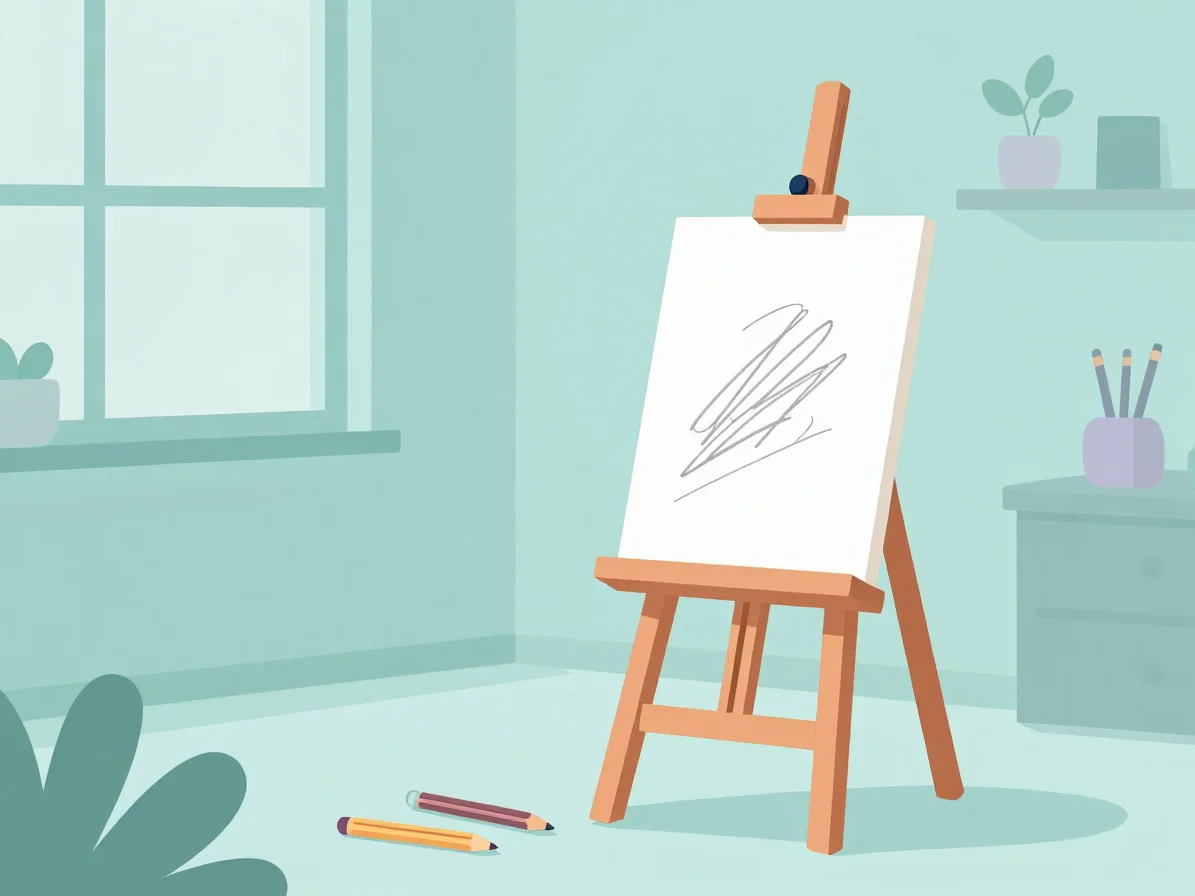 Flat vector illustration of an artist's easel with a simple sketc