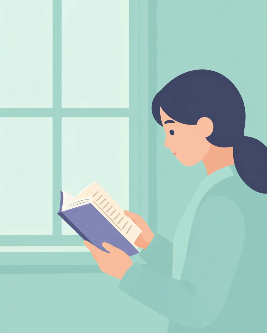 Flat vector illustration of a calm adult reading an open book bes