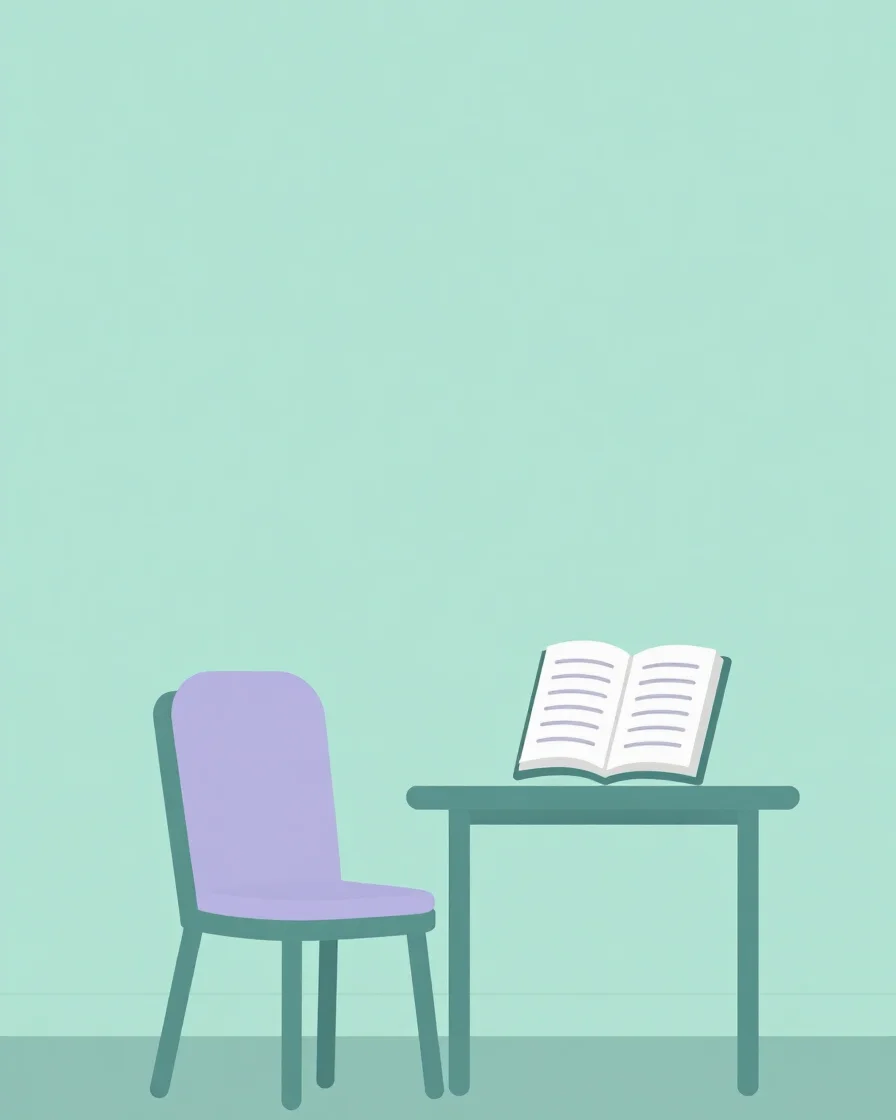 Flat vector illustration of a calm, uncluttered home interior in soft mint and teal tones, with a lavender throw on a ch