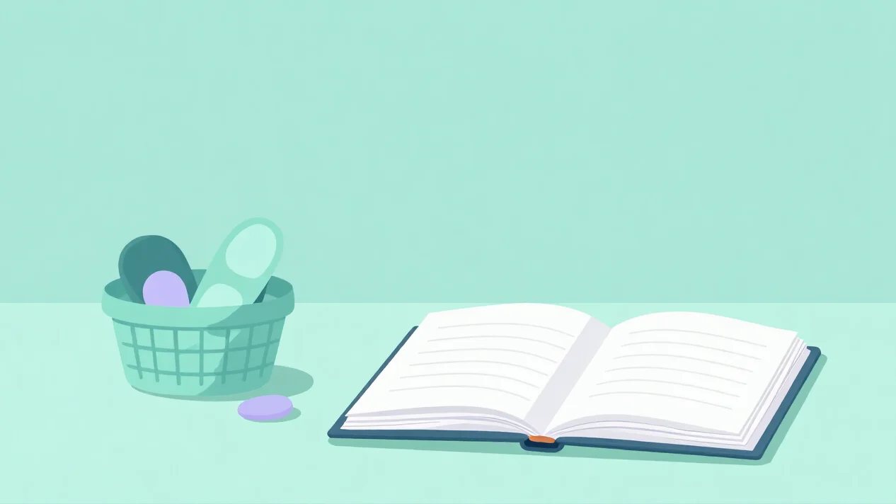 Flat vector illustration of a tidy desk with one open notebook, a