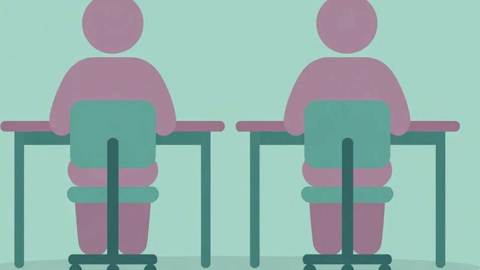 Flat vector illustration of two simple seated figures working at