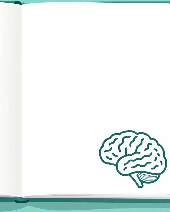 Soft flat vector illustration of a calm open notebook beside a simple rounded brain outline with gentle teal and mint to